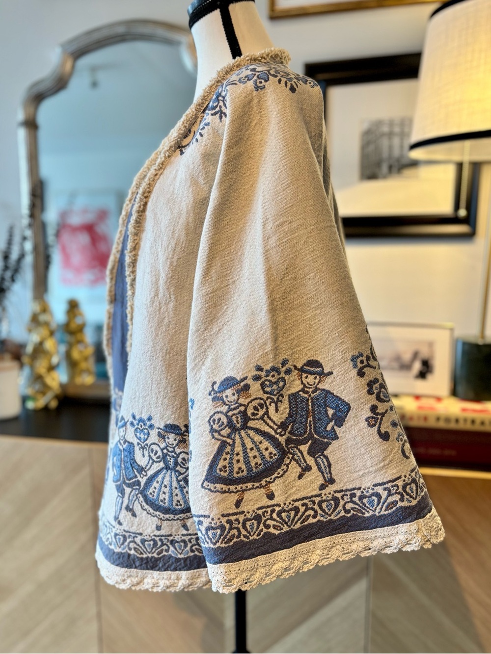 🧵 HANDMADE Embroidered Cream & Blue Boho Kimono Linen Blend Jacket O/S - Picture 4 of 15